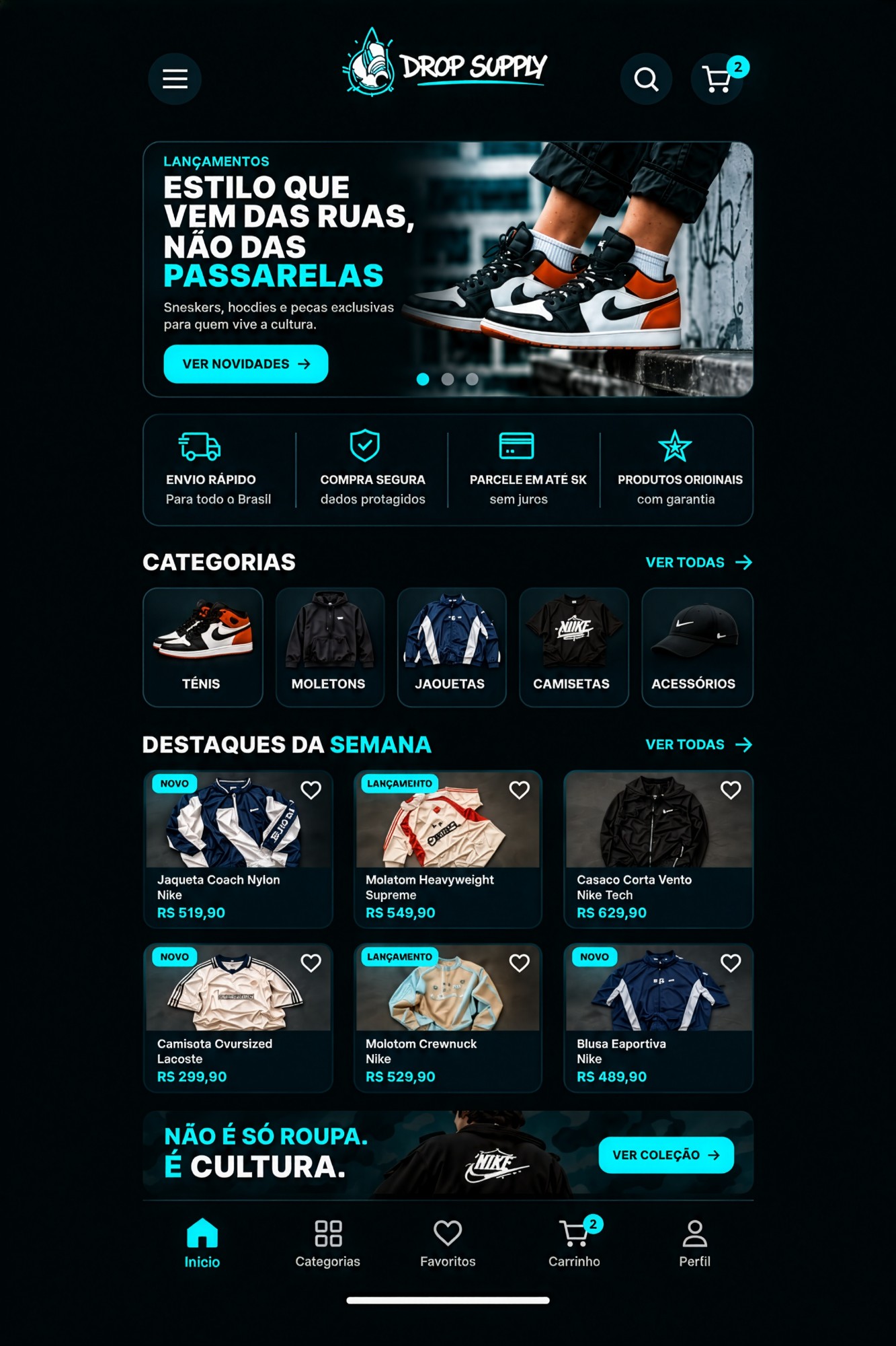 Tela inicial do aplicativo Drop Supply com banner de tênis, categorias e produtos em destaque