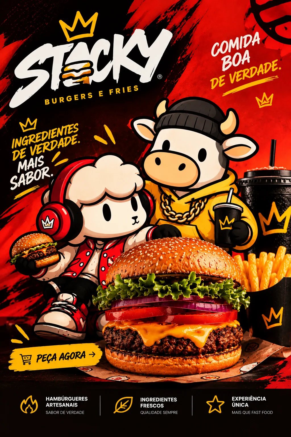 Pôster da Stacky Burgers & Fries com os mascotes da marca, um hambúrguer artesanal e batatas fritas